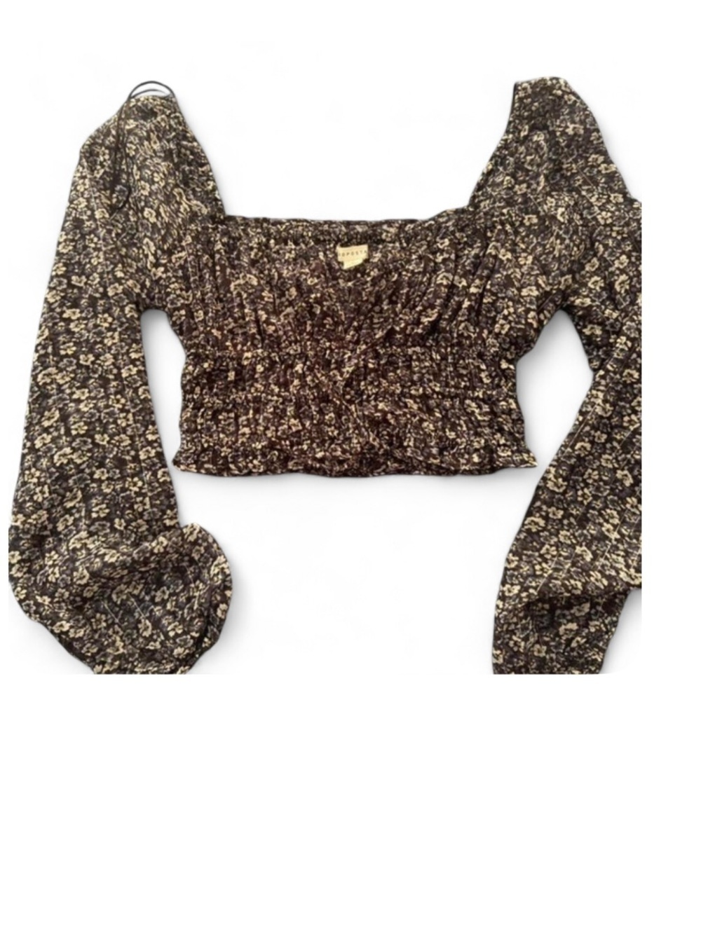 Aeropostale Brown Floral Smocked Off-the-Shoulder Crop Sweater
